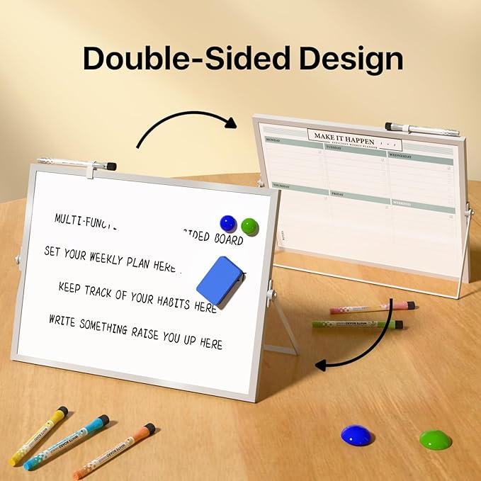Marsrock Dry Erase White Board with Stand,Double-Sided Weekly Whiteboard 16"x12",10 Markers,6 Magnets,1 Eraser,Portable Desktop Whiteboard for Planning,Weekly Schedule Board for School for Office