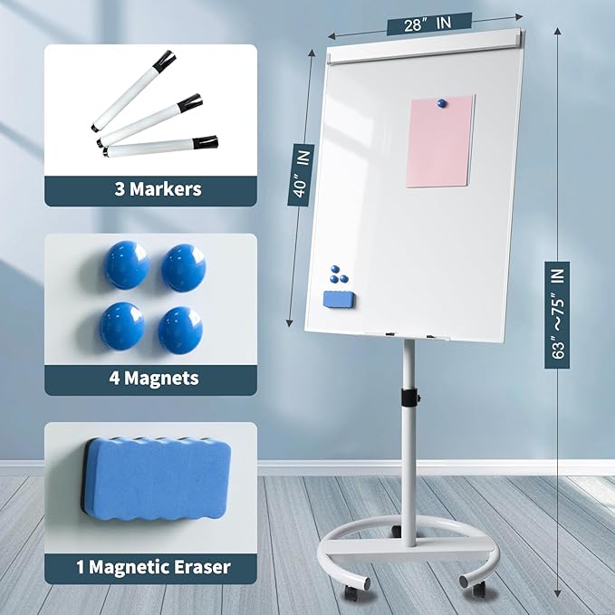 Rolling Whiteboard Magnetic Writeboard 40"x28" Flip Chart with 5 Wheels Easel-Style Dry Erase Boards Message Bulletin Board (White)