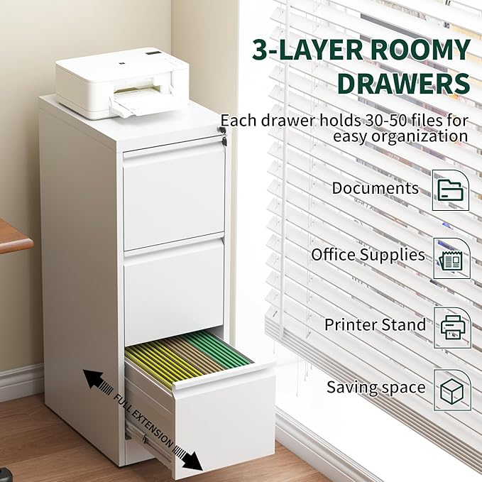 Yukimo 3 Drawer File Cabinet with Lock, Vertical File Cabinet with Lock, Locking File Cabinet Hanging Files for A4/ Legal/Letter,White