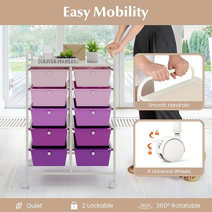 LDAILY 10 Drawer Rolling Cart, Storage Cart Organizer on Wheels, Drawer Cart with Metal Frame & Large Storage Capacity, Rolling Cart with Drawers for Living Room Classroom, Office