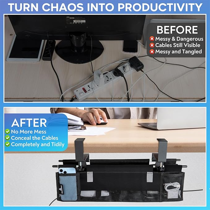 Under Desk Cable Organizer with Mesh Slot for Ventilation, Quick Mount with Clamp or Screws to Hold Fabric Cable Tray, Kit for Tidy Cord & Wire Management for Home Office Standing Desk