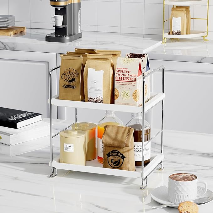 FSyueyun 2-Tier Bathroom Countertop Organizer, Tool-Less Installation Premium Plastics Makeup Shelf Organizer Perfume Skincare for Dresser Vanity Tray Organizers and Storage (Sliver)