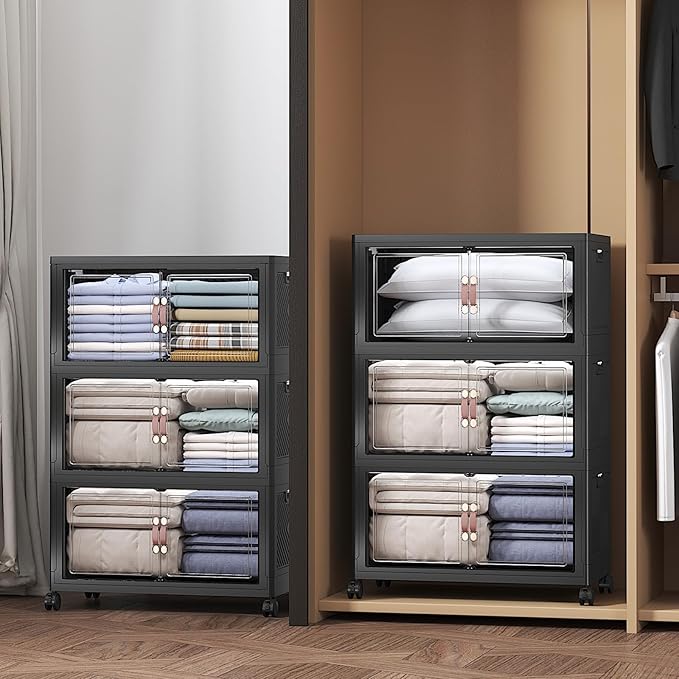UAMFURI Extra Large Stackable Storage Bins with Lids & Wheels & Door, 312QT-52QT/13GAL*6Pack Foldable Collapsible Closet Organizers, Plastic containers drawers for bedroom Dorm