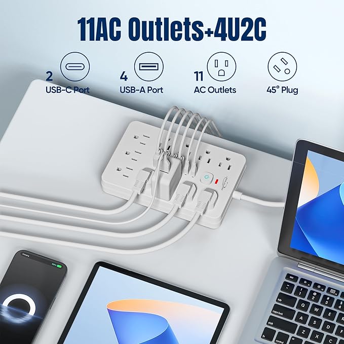 JouleLoom 20 FT Flat Plug Surge Protector Power Strip,11 Multiple AC Outlets with 6 USB Ports (2 USB C), 20 Feet Extension Cord, 1250W/10A, One Touch Switch Button, White