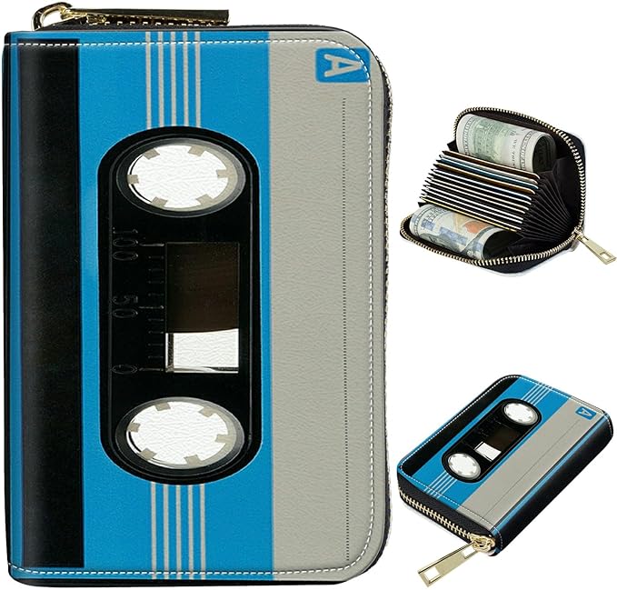 BWEGRHE Cute Credit Card Holder with Zipper, Blue Cassette RFID-Blocking Card Case Small Wallet for Women Men, Multi-slot Card Organizer Case Travel Accordion Wallet