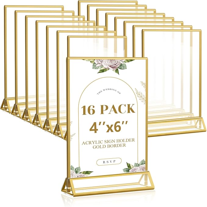 Smarpau 16 Pack 4x6 Acrylic Sign Holder with Gold Frame Table Number Holders Clear Picture Frames Flyer Stands Tables Menu Holder for Restaurant