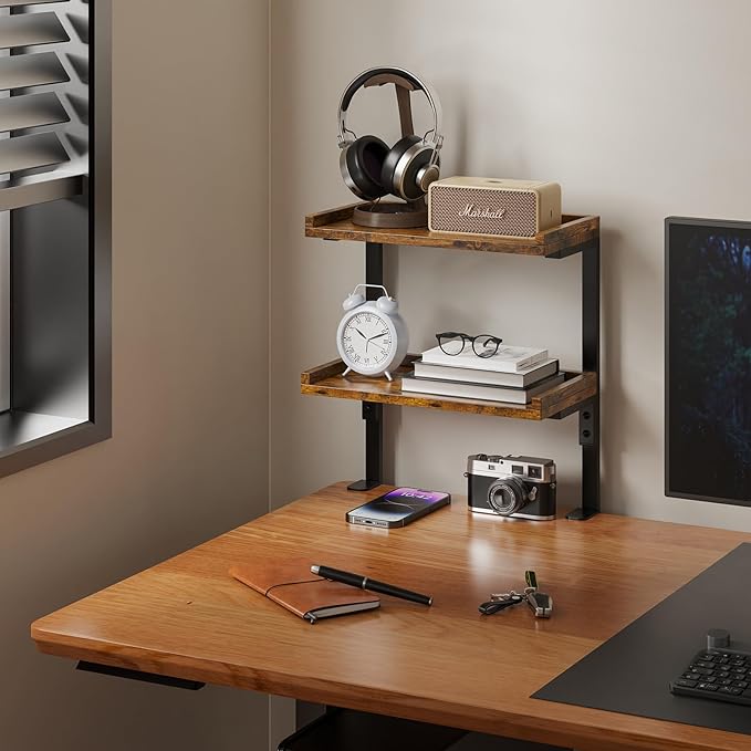 ART-GIFTREE Clamp On Desk Shelf 2-Tier, 12.5 inche Wood Shelving Unit for Office Desk/Gaming Accessories, Tabletop Book Storage Rack, Shelf for Top & Under of Desk, Brown