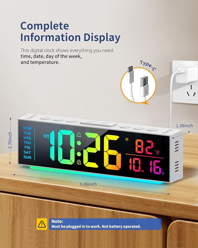 Digital Clock, Alarm Clock for Bedroom, Digital Wall Clocks for Classroom, Living Room Decor, Desk Clock Large Display, 13 Number Display Colors, 12 Ambient Light Colors, Auto Dimming, DST (White)
