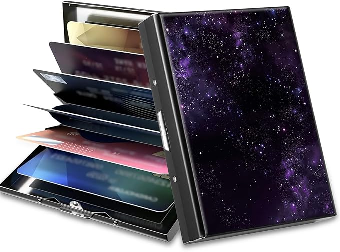 BWEGRHE Slim Credit Card Holder, Purple Galaxy RFID Blocking Metal Wallet for Men & Women, Aluminum Minimalist Hard Case Pocket-Sized Business Cards Organizer (Fits Up to 10 Cards)