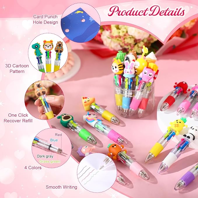 Pajean 24 Sets Valentine's Day Gifts for Classroom Exchange Cute 4-in-1 Multicolor Ballpoint Pens with Cards Valentines Party Favors School Students Prizes Bag Fillers Sweet Stationery Supplies