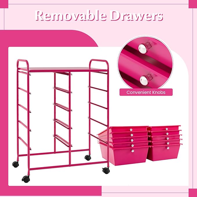GOFLAME 10-Drawer Rolling Storage Cart, Art Craft Storage Organizer on Wheels, Multipurpose Movable Utility Cart for School, Office and Home, Hot Pink