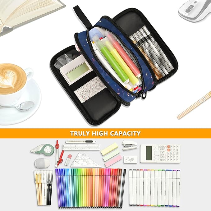 Cat Astronaut Pencil Case Box Boys Girls Large Pencil Pouch with Zipper Compartments Big Capacity Stationery Pen Bag Organizer for Kids Teens Adults School Office