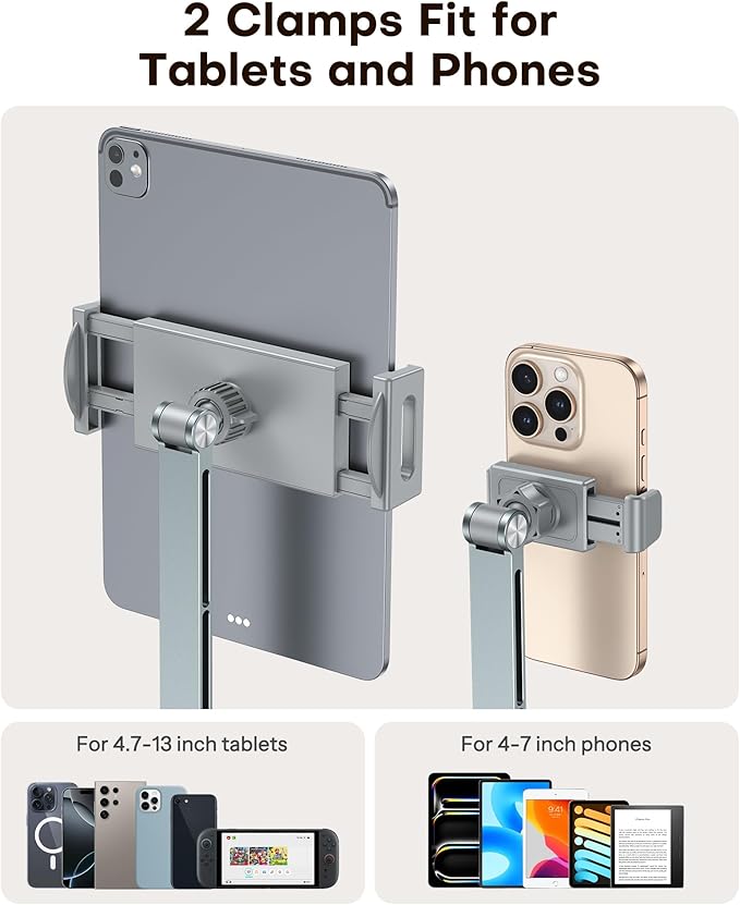 OMOTON GH03 Adjustable Tablet Stand for iPad, Desk Phone Holder for Bed with 2 Clamps, Flexible Aluminum Alloy Mount with 360° Rotation for 4-13" Devices