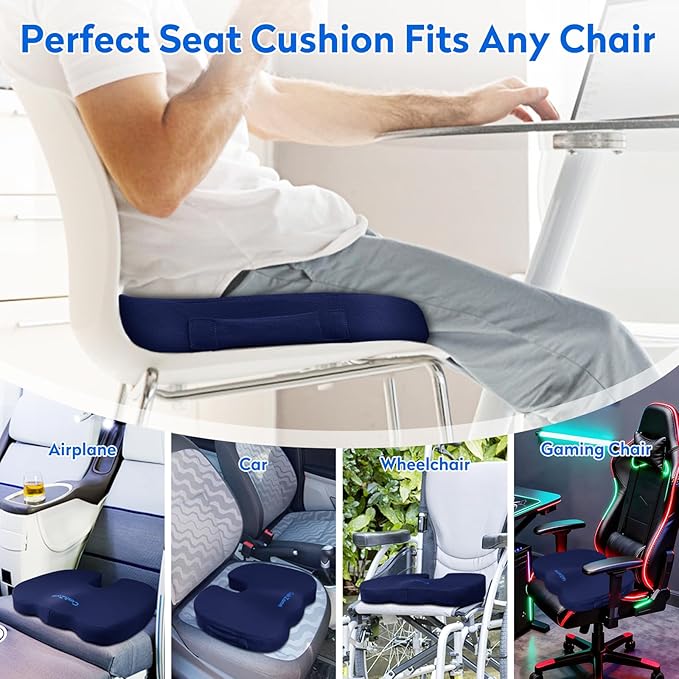 CushZone Seat Cushion, Office Chair Cushions, Car Seat Cushion, Non-Slip Sciatica & Back Coccyx Pain Relief Chair Pad, Memory Foam Pillow for Computer Desk, Wheelchair, Driving Large Size (Blue)