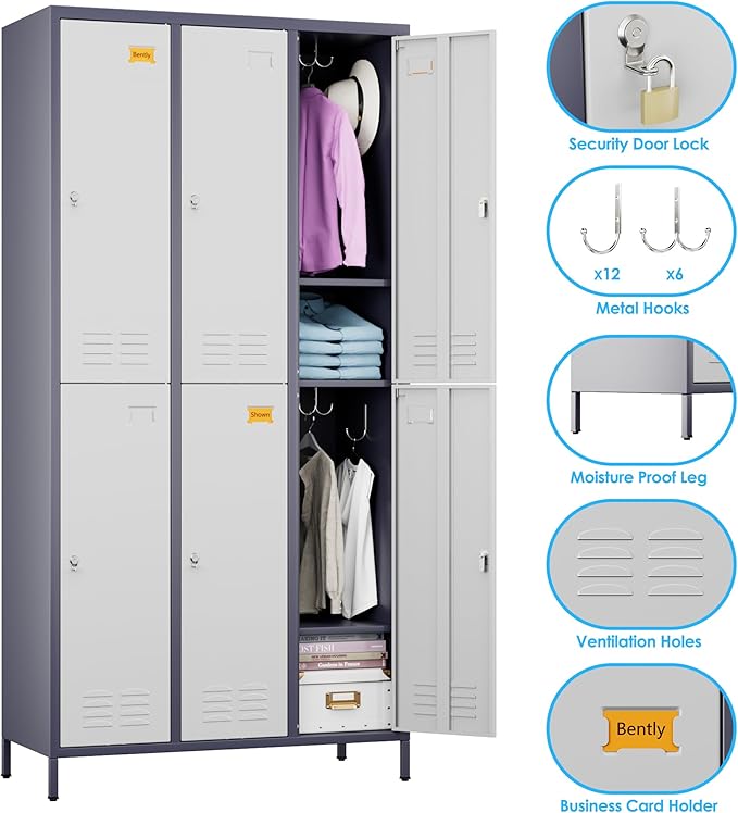 SUPEER 6 Doors Metal Locker for Employees with 18 Hooks and Business Card Holder,Metal Locker with Ventilation Holes for School Garage Office Gym Home,Assembly Required,Grey-White
