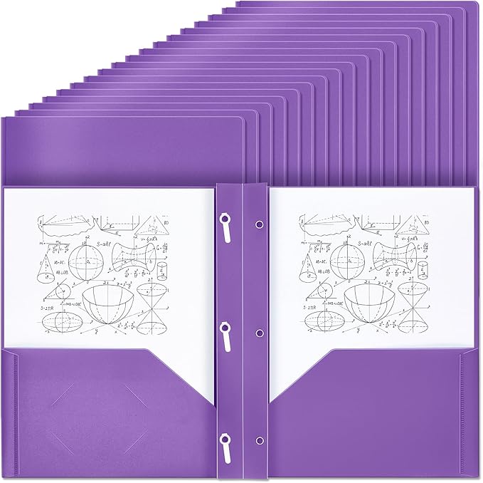 Lincia 100 Pcs Plastic Folders with Pockets and Prong Folders with Prongs 2 Pockets for Office, School for Students, Teachers, Office Workers(Purple)