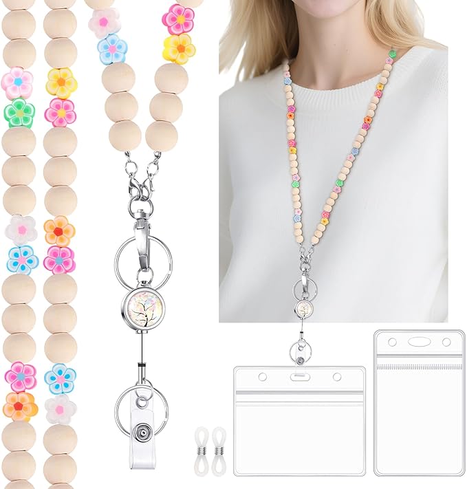 Teacher Lanyard with ID Holder Flower Cute Wooden Beaded Lanyards for ID Badge Holders Retractable Badge Reel Keys Eyeglass Chains for Women