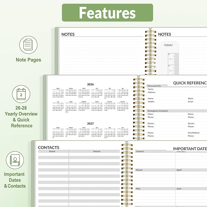 SUNEE 2026 Appointment Book, Quarter-Hourly, Weekly & Monthly - from January 2026 - December 2026, 8.5"x11" Weekly Planner, Flexible Cover, Note Pages, Pockets, Bookmark, Spiral Binding, Green