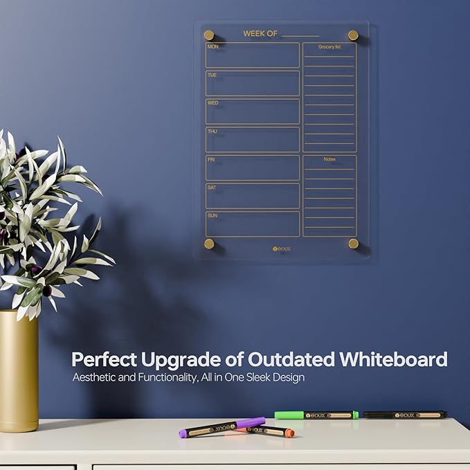 Clear Glass Weekly Dry Erase Calendar & Menu Non-Magnetic Whiteboard for Wall, Meal Plan & Grocery List White Board for Kitchen, 15x11, 7 Days Home Planner, 4 Wet Erase Markers Included, Yeoux