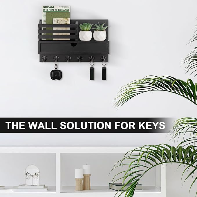 Lucundm Key Holder Wall Mount, Mail Holder with Storage Drawer and 6 Key Hooks for Coat, Dog Leash, Home Decor Rack, House Accessories, Entry Way Organizer
