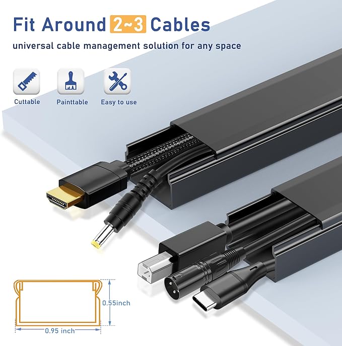 Cord Cover Raceway Kit - 157" Cable Concealer, Wire Hider for TV Wall Mounting and Wire Management, Black