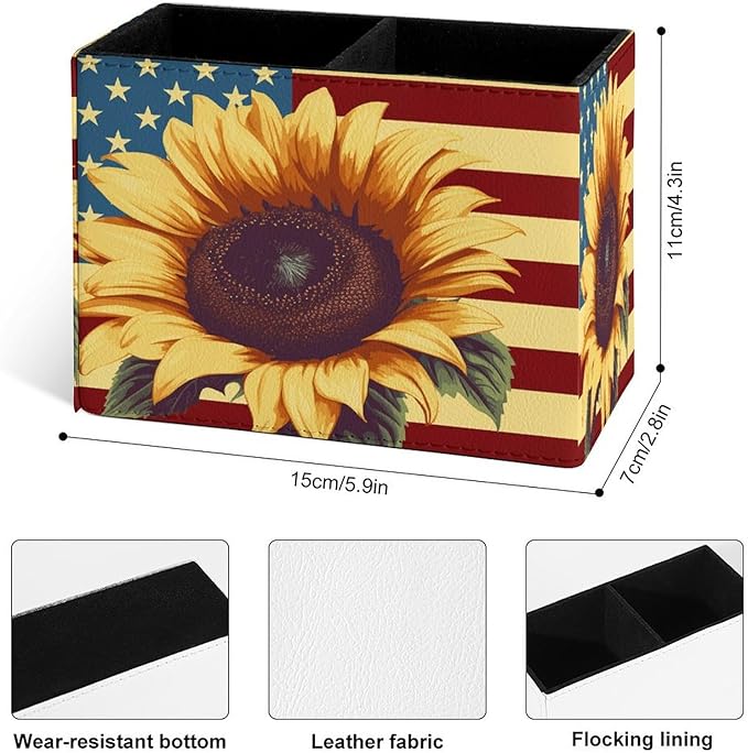 Famame Sunflower on American Flag Pencil Holder for Desk, Leather Desktop Container Pen Cup Storage Study Table Pen Organizer Makeup Brush Holder for Classroom Office Home