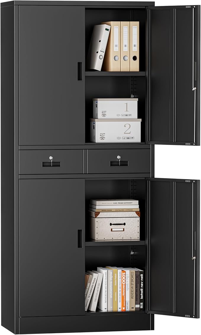 TaskStorz Metal Storage Cabinet, 71" Garage Storage Cabinet with 2 Locking Drawers and 2 Adjustable Shelves, Black Tool Cabinet, Lockable File Steel Cabinet for Home, Office, Gym, School
