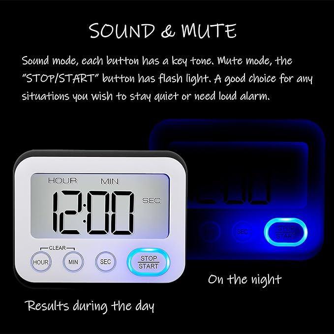 Digital Kitchen Timer Magnetic Loud Alarm, Large LCD Screen Silent/Beeping Multi-Function for Teachers Classroom Kids, Black