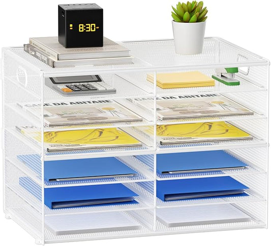 Lavatino 12 Compartments Paper Organizer for Desk, Mesh Literature Organizer, Mail File Sorter Tray with Handle, Desktop Mailbox for Office Classroom Home - White