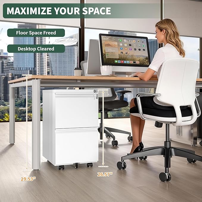 TEEALUBAN 2 Drawer File Cabinet with Lock,Under Desk Rolling Small Filing Cabinet for Home Office Storage, Mobile Steel Cabinets with Wheels, Fully Assembled, White
