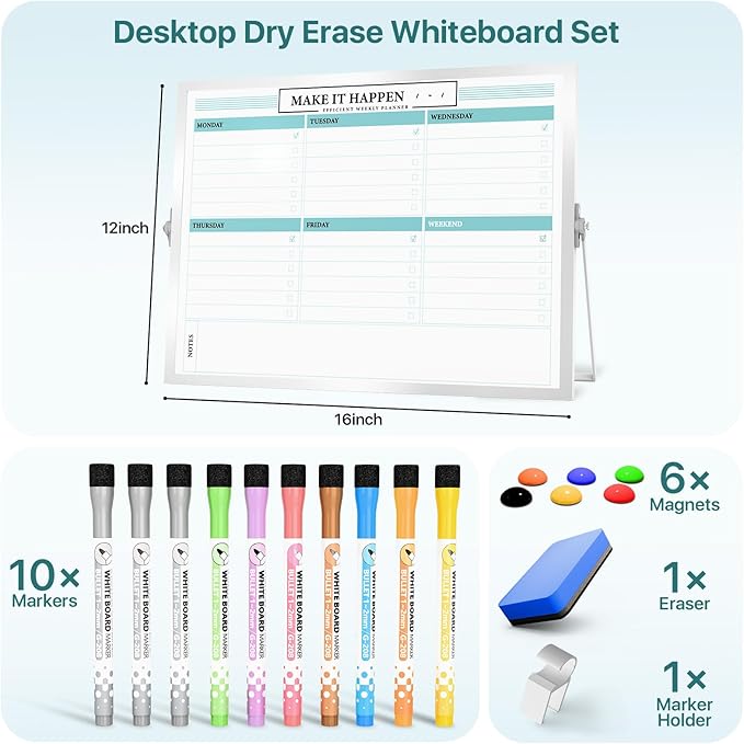 Marsrock Dry Erase White Board with Stand,Double-Sided Weekly Whiteboard 16"x12",10 Markers,6 Magnets,1 Eraser,Portable Desktop Whiteboard for Planning,Weekly Schedule Board for School for Office