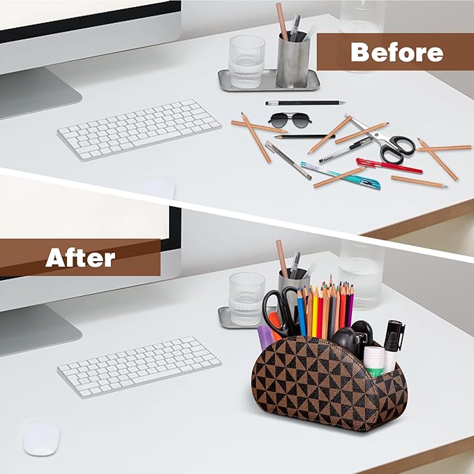 Remote Control Holders Organizer Box with 5 Compartment PU Leather Multi-functional Office Desk Storage Caddy Store Tv Remote for Media Player,Brush,Pencil,Glassees&Office Supplies (Triangle print)