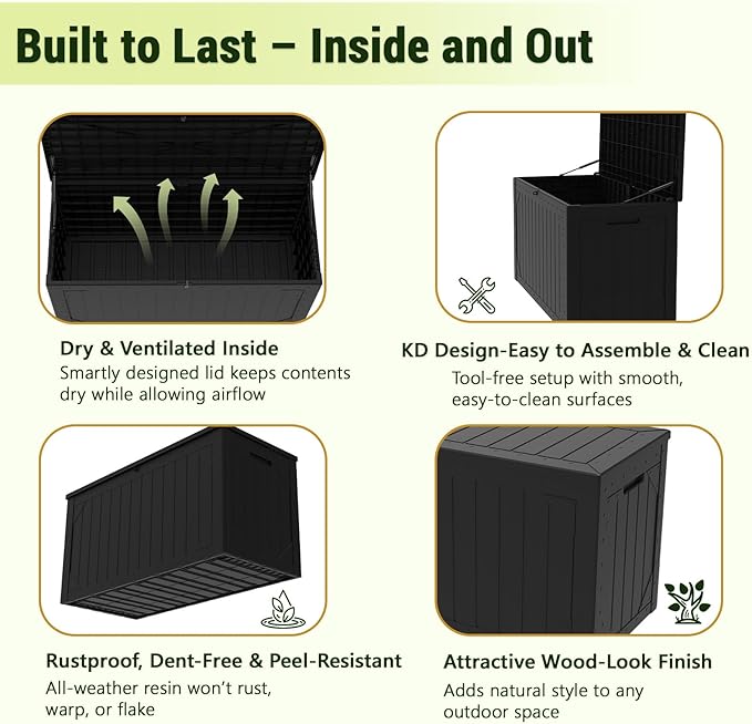 PATIOEASY Outdoor Storage Box 100GAL Waterproof Resin Deck Box,UV-Resistant Lockable Package Delivery Bin for Garden Tools,Large Patio Outside Cushions,Pool Accessories Supplies,Chest,Furniture,Brack