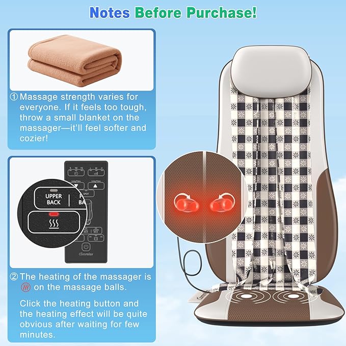 comrelax Shiatsu Back Massager with Heat, Massage Chair Pad Seat Cushion for Stress Relief, Deep Tissue Kneading & Roller, 2 Vibration Motors, Back Waist Hip Massager, PU Leather, with 2 Adapters