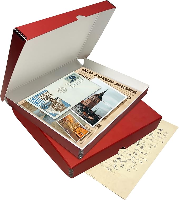Lineco Folio Storage Box, Faux Leather Cover, Clamshell Design, 9.5x12.5x1.75 Inches, Archival Boxboard, Preserve Photos, Cards, Magazines, Documents, Art, Ephemera, Family Records, Red, Pack of 1