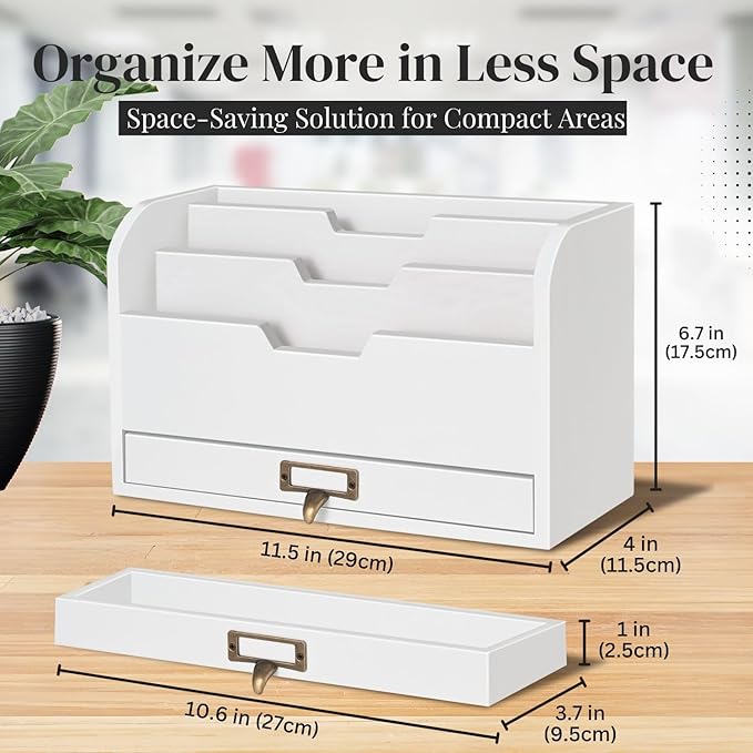 Flexzion 3 Tier Wooden Desk Organizer - Country Rustic Mail Organizer Countertop Compartments Slot File Tray Pencil Sorter Shelf Holder Accessories Set with Storage Drawer for Home Office, Beige Wood