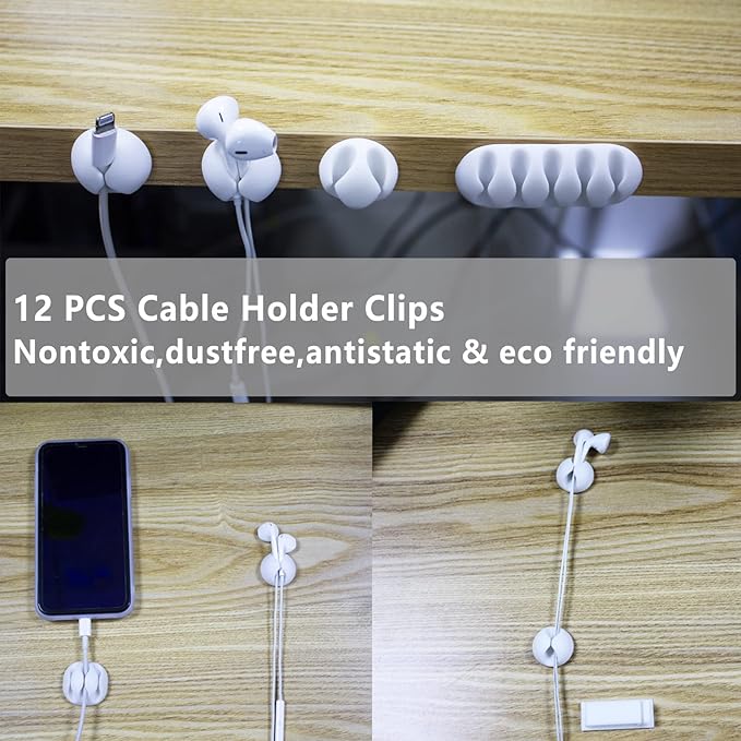 DRIVUU White Cable Management Organizer Kit 4 Cable Sleeve Split,47Cable Clips 12Cord Clips Holder,22 Cable Ties, 20 Adhesive Wall Cable Tie, 200Fasten Cable Ties for TV Electronics