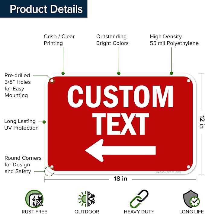 Custom Arrow,Custom Directional Sign, Left Arrow,12x18 Inches, 55 mil thick HDPE (high density polyethylene) Made in USA by My Sign Center