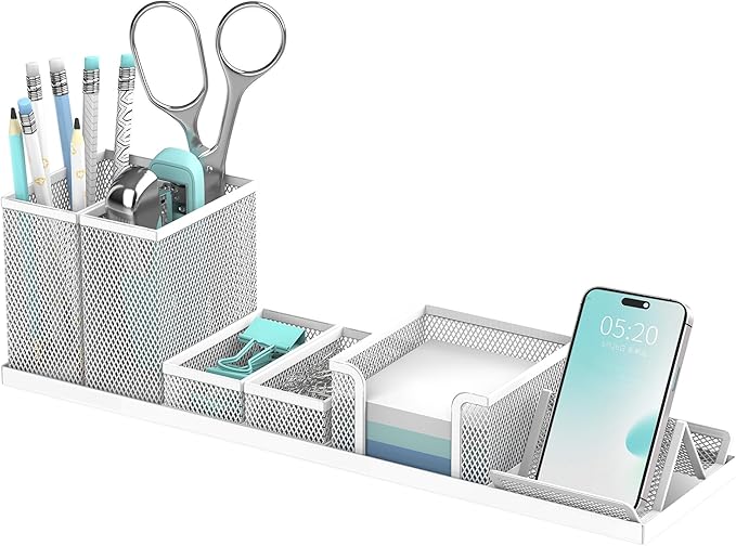 SUPEASY Pen Holder for Desk, 6 Piece Mesh Desk Organizer set for Office Organization with Mail Organizer, Letter Phone Holder, Sticky Notes Caddy Storage, White
