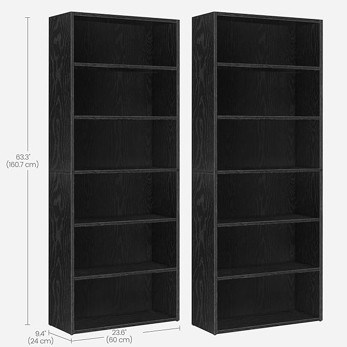 VASAGLE Set of 2 Bookshelves, 23.6 Inches Wide, 6-Tier Open Bookcases with Adjustable Storage Shelves, Floor Standing Units, Ebony Black ULBC166T56-2