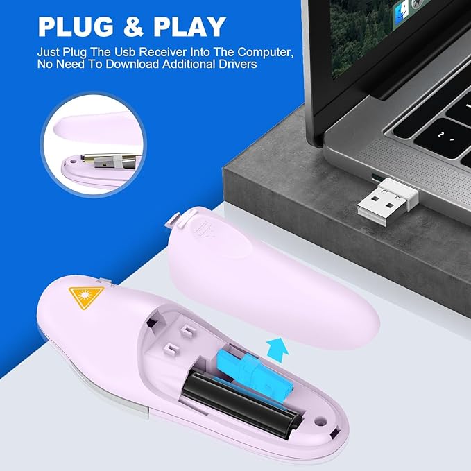 QUI Presentation Clicker Wireless Presenter Remote Clicker for PowerPoint Presentation Remote, PowerPoint Slide Advancer for Mac/Windows/Linux, Google Slide/PPT/Keynote, USB A&C, Purple