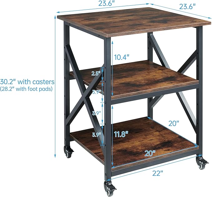 Fannova 23.6 x 23.6 Inches Large Printer Stand, 3 Tier Square Printer Table with Height Adjustable Storage Shelf, Rolling Printer Cart with Industrial Wheels for Home Office - Rustic Brown