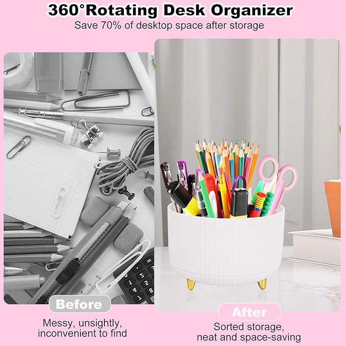 Gawsey Desk Organizers and Accessories Set with 360-Degree Rotating Pen Holder, Tape Dispenser, Stapler, Staple Remover, 1000 Staples, Tape, Clips Set, Ruler, Scissor, Pen