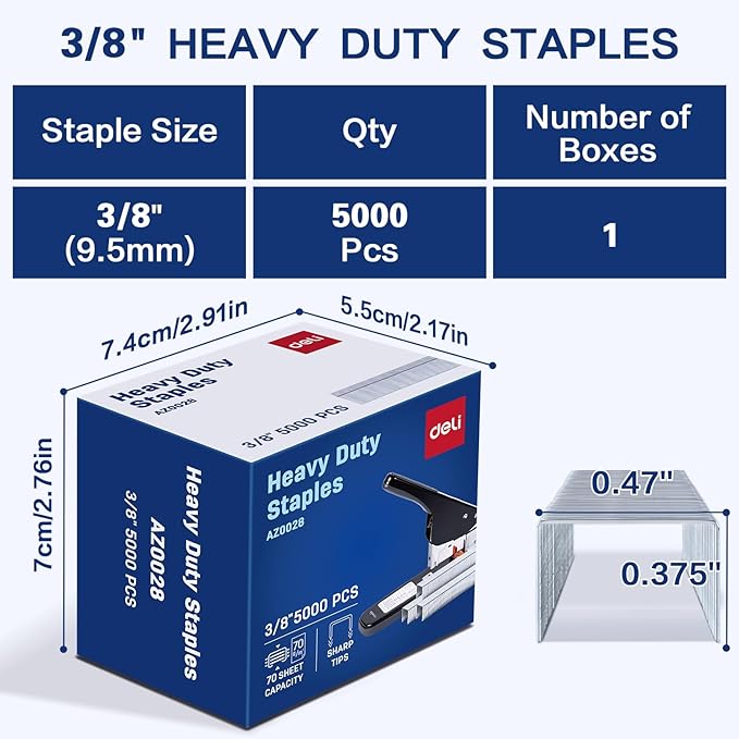 Deli Staples, Premium Heavy Duty Staples for Heavy Duty Staplers, 3/8'' Length, 70 Sheet Capacity, 100/Strip, 5000/Box