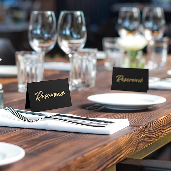 10 Pack Black Reserved Table Signs for Wedding 3x4 Cardstock Reserved Seating Signs for Weddings Restaurant - Double Sided Reserved Signs for Tables - Table Tent Reservation Cards With Gold Letters