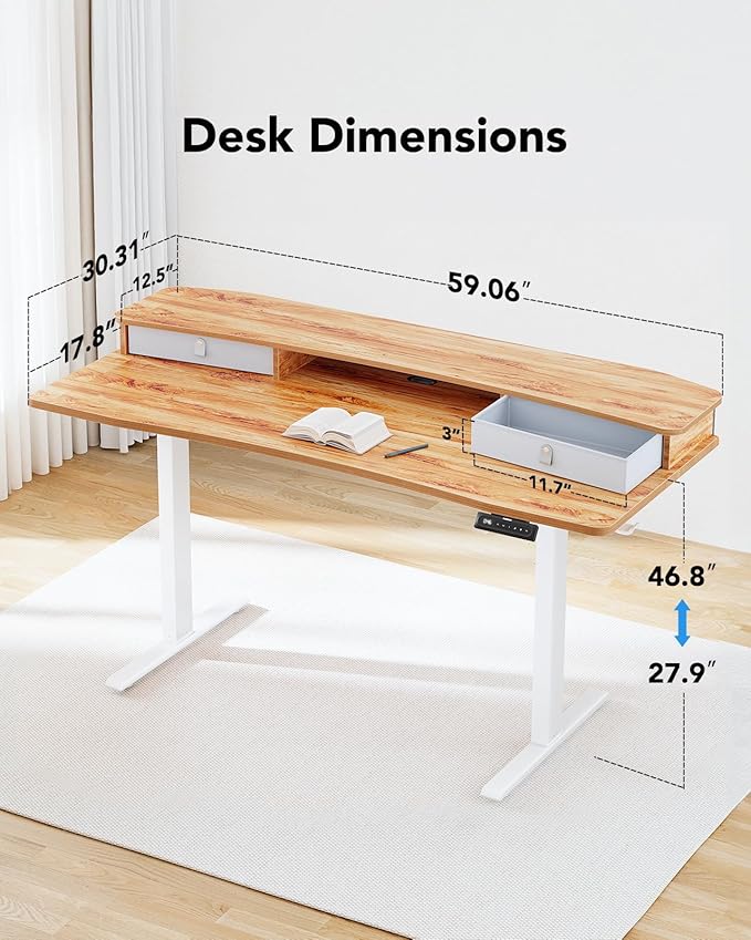 HUANUO 60″ x 30″ Electric Standing Desk with 2 Drawers, C-Clamp Mount Compatible, Height Adjustable Computer Desk, Home Office Stand Up Desk with 4 Preset Heights & 2 Hooks, Light Vintage