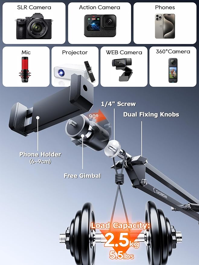 CACENCAN Camera arm Mount (Black (with Light)