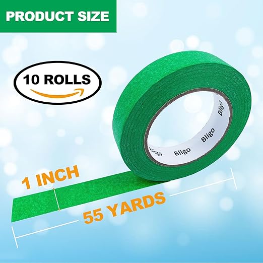 Bligo 10 Pack Green Painters Tape 1 Inch x 55 Yards, Medium Adhesive Masking Tape Bulk (550 Total Yards), Residue-Free for Painting, DIY Crafting, Indoor & Outdoor Use