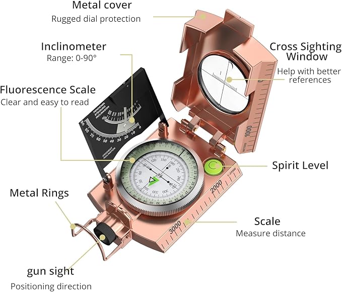 Anbte Compass Hiking Survival, IP65 Waterproof Metal Compass with Sighting Clinometer and Carry Bag, Multifunctional, Professional, for Camping Hunting Hiking Navigation