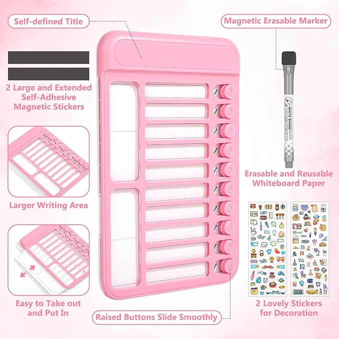 Audab Dry Erase Chore Chart for Kids, Magnetic Checklist Board, My Chores Slider Chart to Do List Board, Routine Reward Chart Schedule Board Task Tracker for Home Refrigerator, Wall, Desk (Pink)
